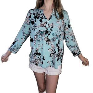 Dana Buchman Womens Size L Mint Green Black Floral Pullover Top